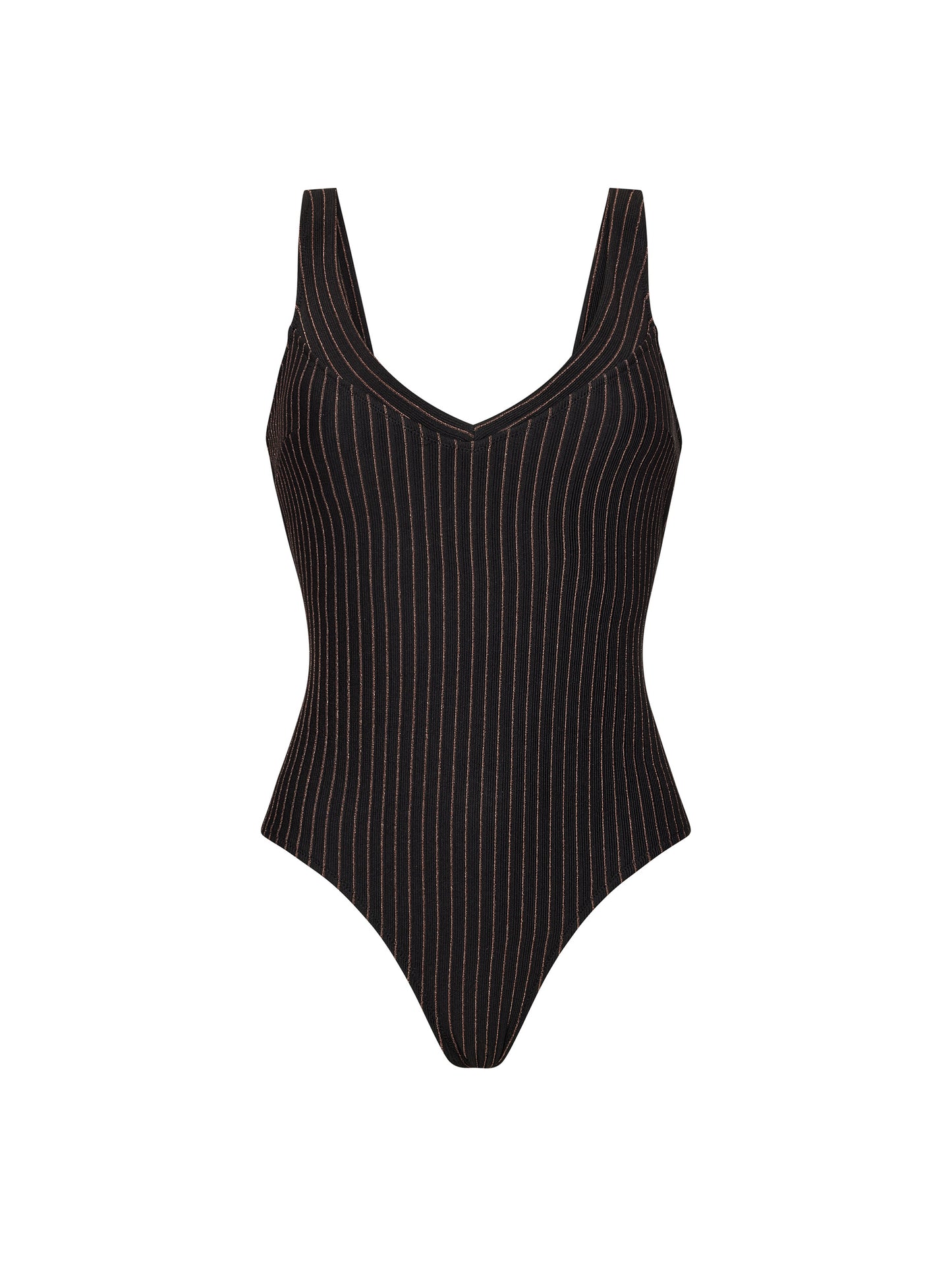SHIRLEY TEMPLE V-NECK SWIMSUIT | BLACK & BRONZE STRIPES
